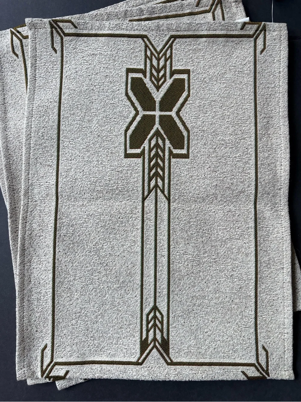 Set of Neutral Linen-Look Placemats with Olive Geometric Border